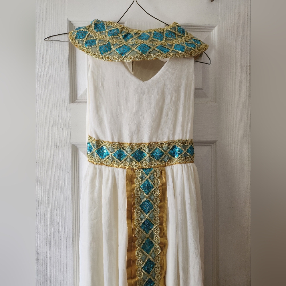 Elegant White, Gold, W Blue Accents Egyptian Princess COSTUME DRESS GUC